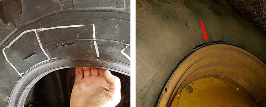 Tear in the casing at the level of the ply turn-up just above the tyre bead