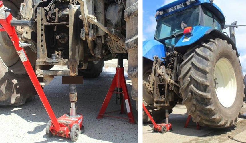 Tractor lifting operation using a jack and axle stands