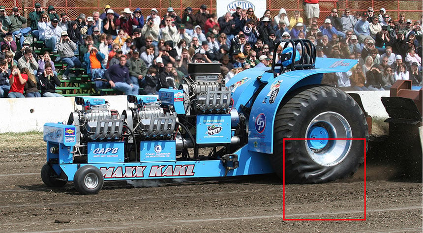 Visible example of sidewall deformation linked to excess torque on start-up during a pulling competition
