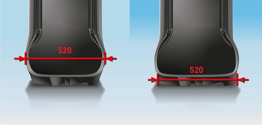On the right, the VX-R TRACTOR section width is the actual width in contact with the ground, unlike the standard tyre on the left
